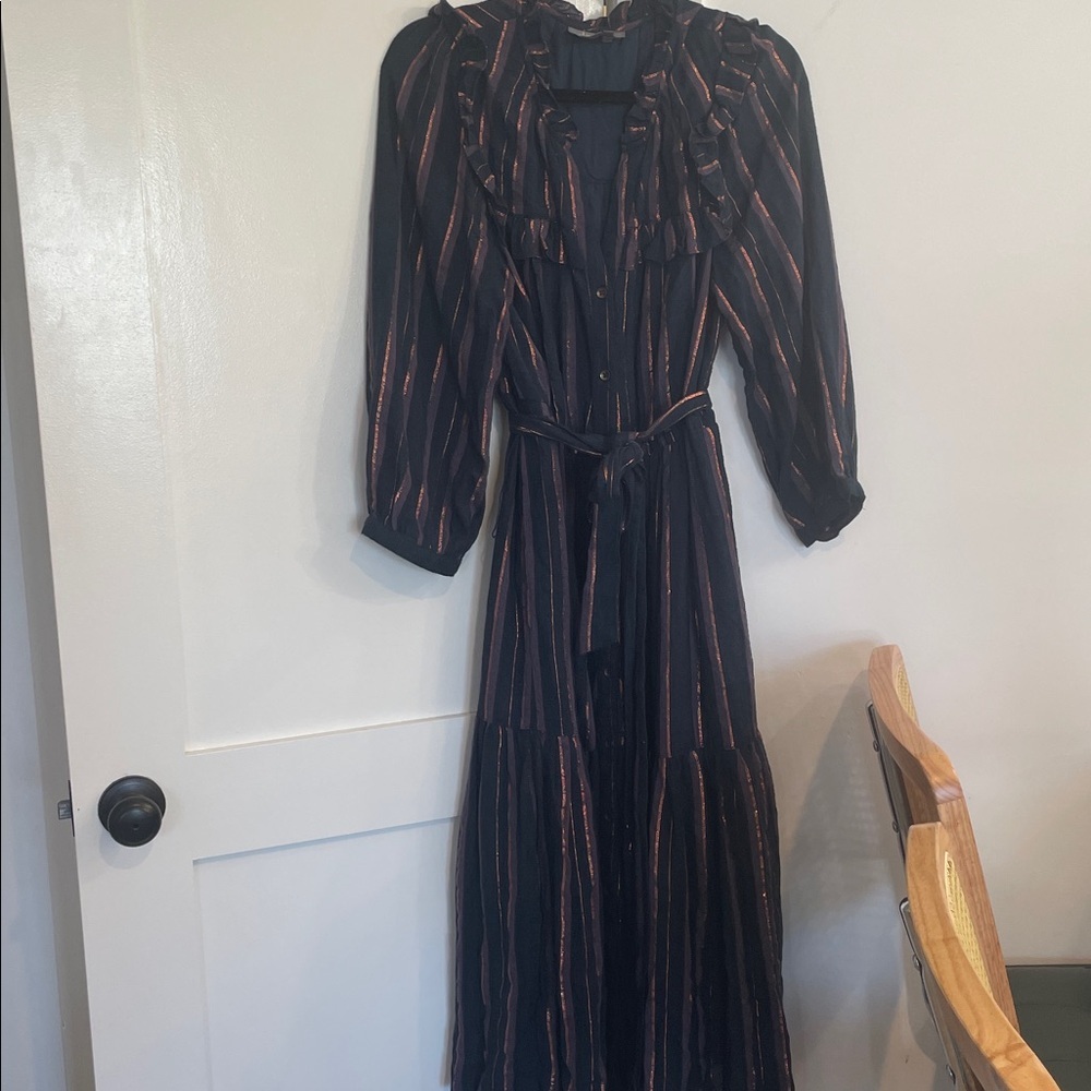 Anthropologie Midnight Ruffled Collared Midi Dress Navy Blue Metallic SZ Medium - Picture 4 of 10